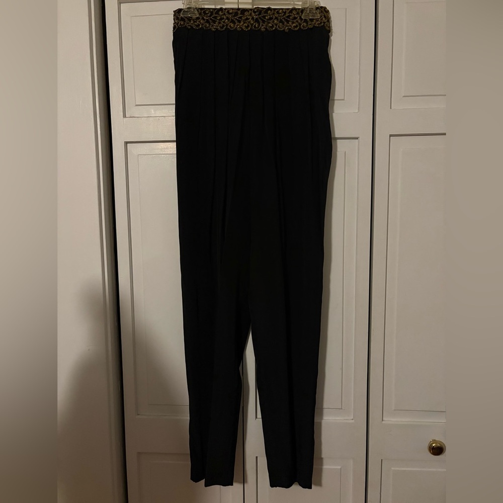 Vintage Maggie Lawrence Black Evening Pants | Gold Embroidered Waist